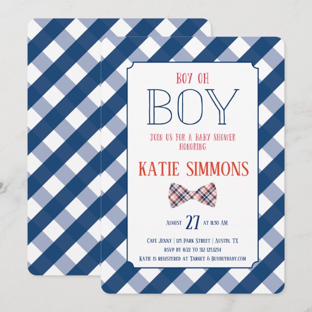 Navy Red Plaid Bow Tie Baby Boy Shower Invitation (Front/Back)