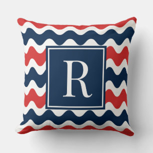 Navy & Red Preppy Ric Rac Stripe Monogram  Throw Pillow