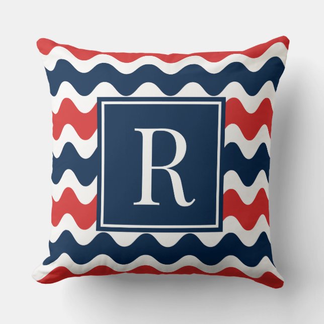 Navy & Red Preppy Ric Rac Stripe Monogram  Throw Pillow (Front)