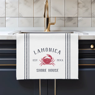 Navy & Red Rustic Crab Personalized Shore House Kitchen Towel