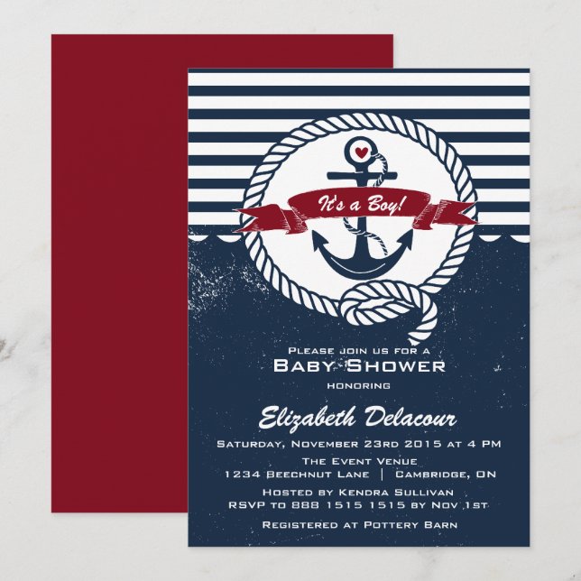 Navy & Red Rustic Nautical Baby Shower Invitation (Front/Back)