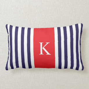 Navy Red Stripes Monogram Lumbar Pillow