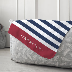 Navy & Red Summer Stripe Personalized Sherpa Blanket