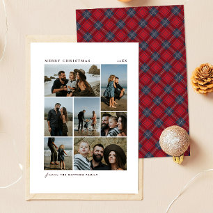 Navy Red Tartan Christmas Family 7 Photo Collage Holiday Card