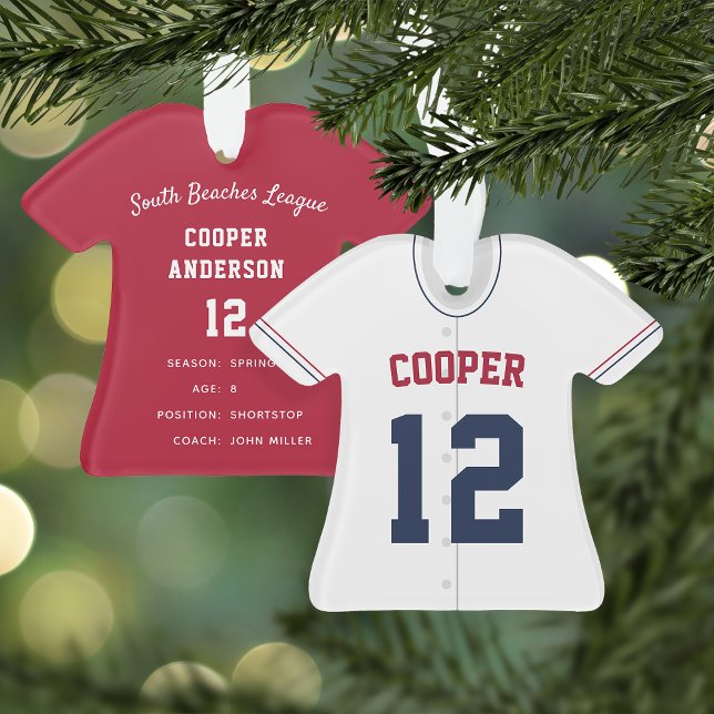 Navy, Red & White Baseball Jersey Player Stats Ornament (Creator Uploaded)