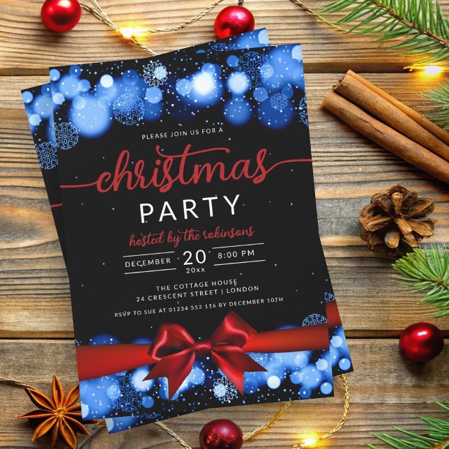 Navy Red Winter Wonderland Family Xmas Ribbon Invitation (Navy Red Winter Wonderland Family Xmas Ribbon Invitation)