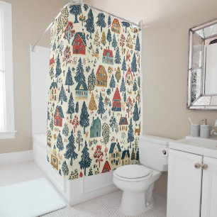 Navy Red Woodland Christmas Village Pattern