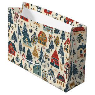 Navy Red Woodland Christmas Village Pattern Large Gift Bag