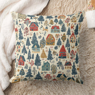 Navy Red Woodland Christmas Village Pattern Throw Pillow