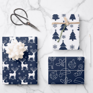 Navy Reindeer, Christmas Tree and Holiday Pattern Wrapping Paper Sheet