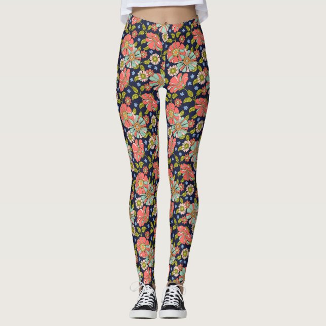 Navy Retro 70s Pink Aqua Floral Leggings (Front)