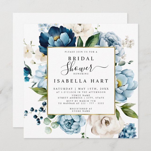 Navy Retro Blue Ivory Cream Floral Bridal Shower Invitation (Front/Back)
