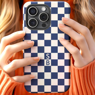 Navy Retro Chequered Pattern Monogram iPhone 15 Case