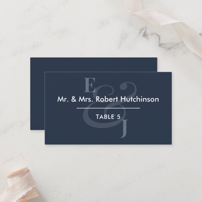 Navy Reverse Ampersand Wedding | Table Seating Place Card (Front/Back In Situ)