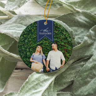 Navy Ribbon   Holiday Photo Ceramic Ornament