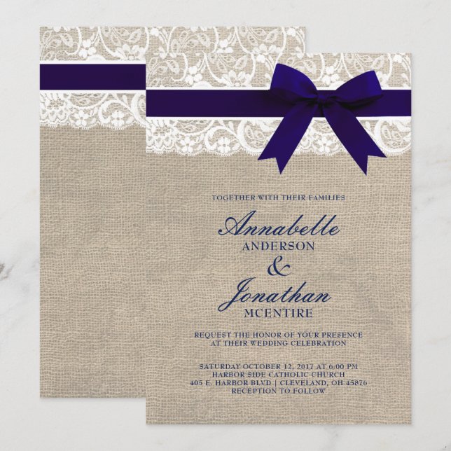 Navy Ribbon On Burlap & Lace Rustic Wedding Invitation (Front/Back)