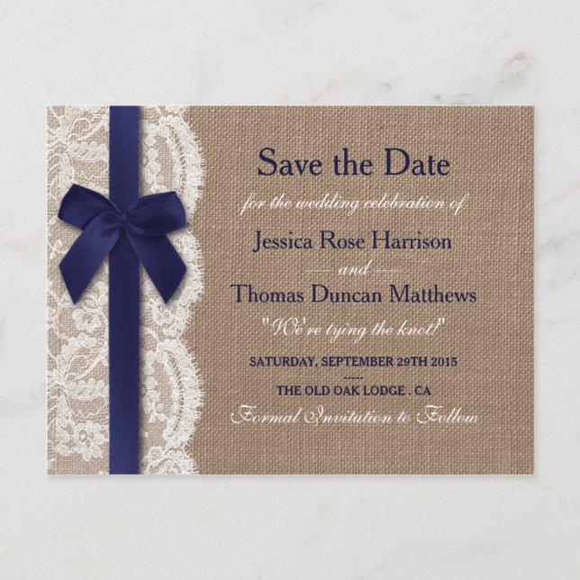 Navy Ribbon On Burlap & Lace Save The Date Announcement Postcard (Front)