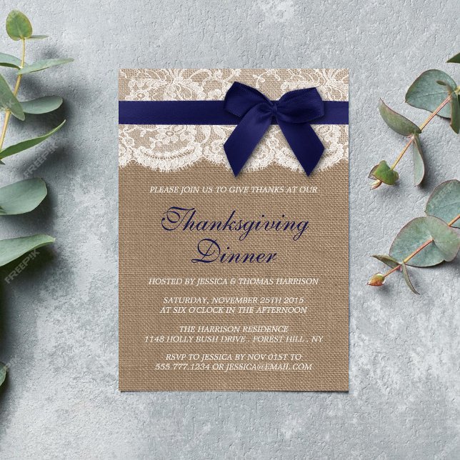Navy Ribbon On Burlap & Lace Thanksgiving Dinner Invitation (Creator Uploaded)