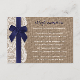 Navy Ribbon On Burlap & Lace Wedding Detail Enclosure Card