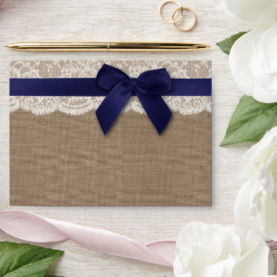 Navy Ribbon On Burlap & Lace Wedding Envelope