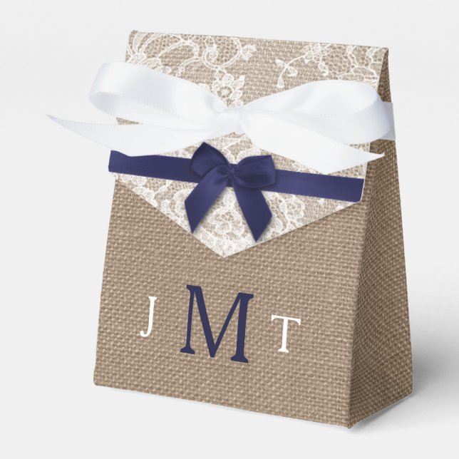 Navy Ribbon On Burlap & Lace Wedding Favor Box (Front Side)