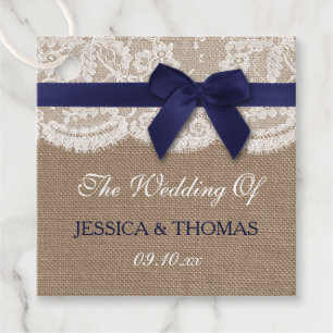 Navy Ribbon On Burlap & Lace Wedding Favour Tags