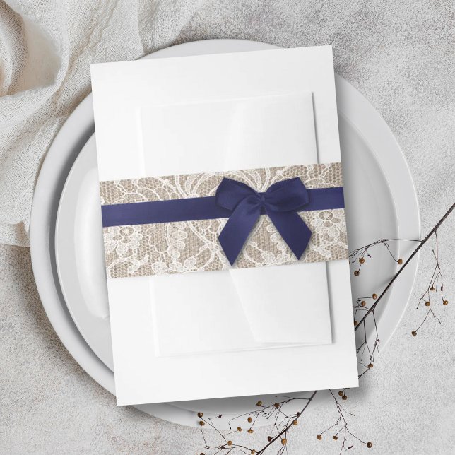 Navy Ribbon On Burlap & Lace Wedding Invitation Belly Band (Creator Uploaded)