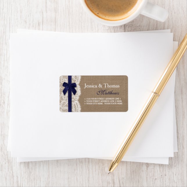 Navy Ribbon On Burlap & Lace Wedding Label (Insitu)