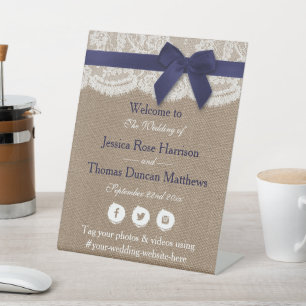 Navy Ribbon On Burlap & Lace Wedding Pedestal Sign