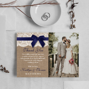 Navy Ribbon On Burlap & Lace Wedding Photo Thank You Card