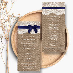 Navy Ribbon On Burlap & Lace Wedding Program