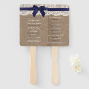 Navy Ribbon On Burlap & Lace Wedding Program Hand Fan