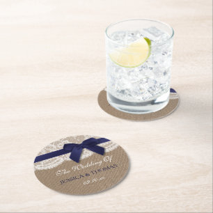 Navy Ribbon On Burlap & Lace Wedding Round Paper Coaster