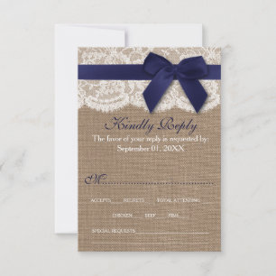 Navy Ribbon On Burlap & Lace Wedding RSVP Card