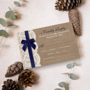 Navy Ribbon On Burlap & Lace Wedding RSVP Card
