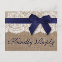 Navy Ribbon On Burlap & Lace Wedding RSVP