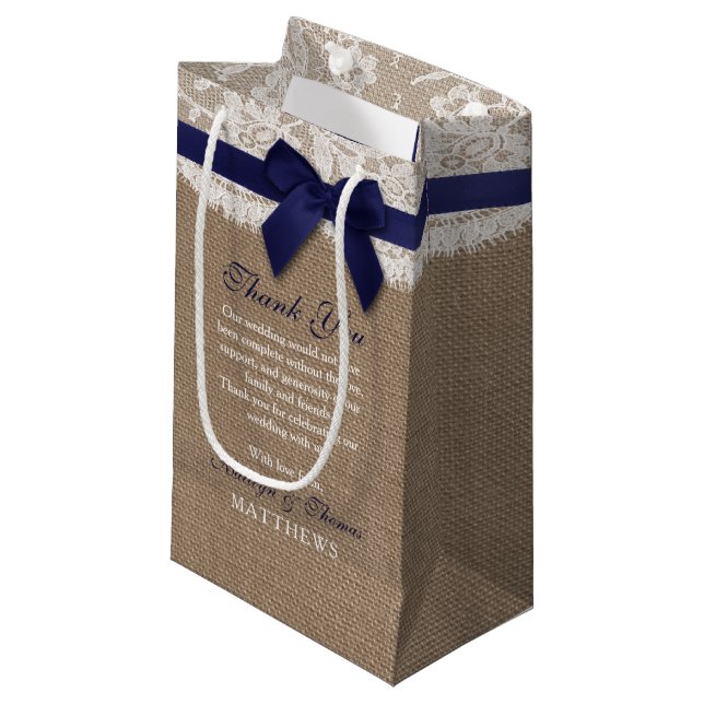 Navy Ribbon On Burlap & Lace Wedding Small Gift Bag (Front Angled)