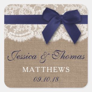 Navy Ribbon On Burlap & Lace Wedding Square Sticker