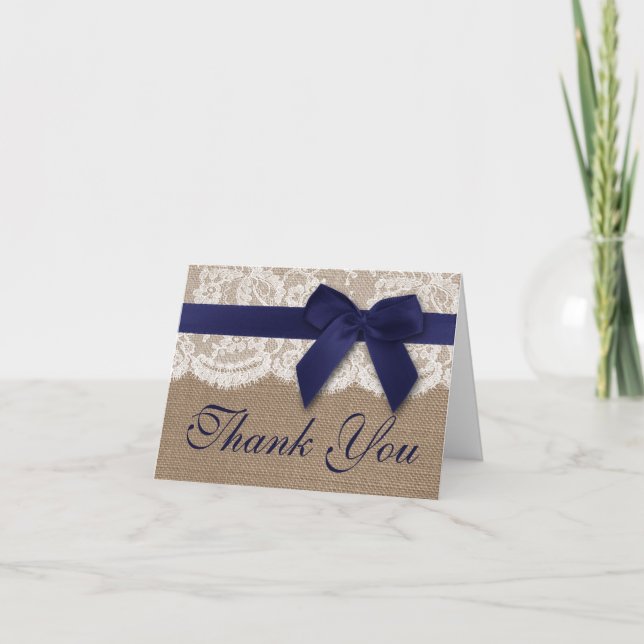 Navy Ribbon On Burlap & Lace Wedding Thank You (Front)
