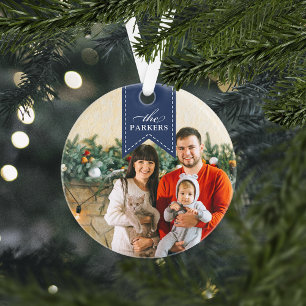 Navy Ribbon   Personalized Holiday Photo Ornament