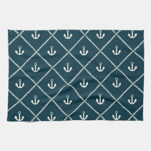 Navy Rope And Anchor Pattern Kitchen Towel