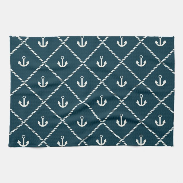 Navy Rope And Anchor Pattern Kitchen Towel (Horizontal)