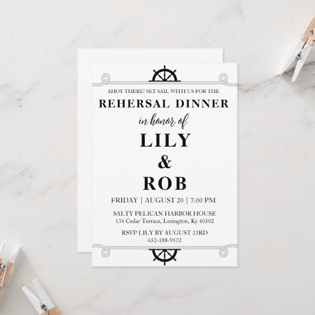navy rope nautical rehearsal dinner invitations (Front/Back In Situ)