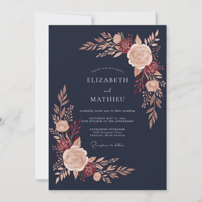 Navy Rose Autumn Bloom Wedding Invitation (Front)