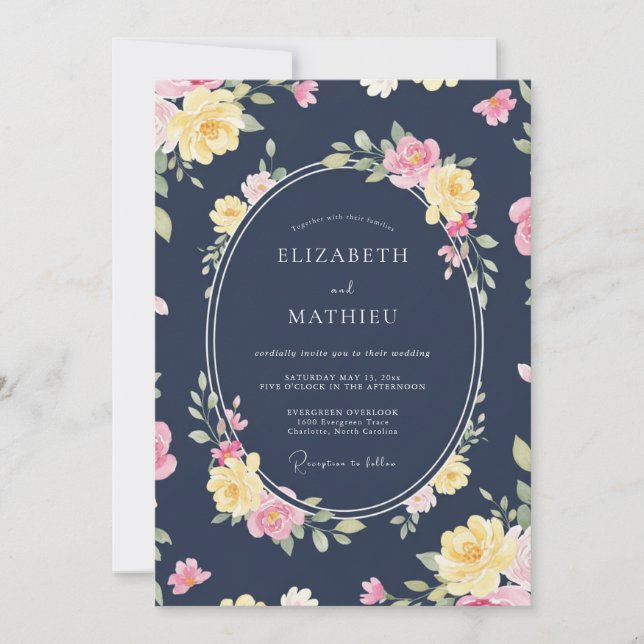Navy Rose Botanical Embrace Wedding Invitation (Front)