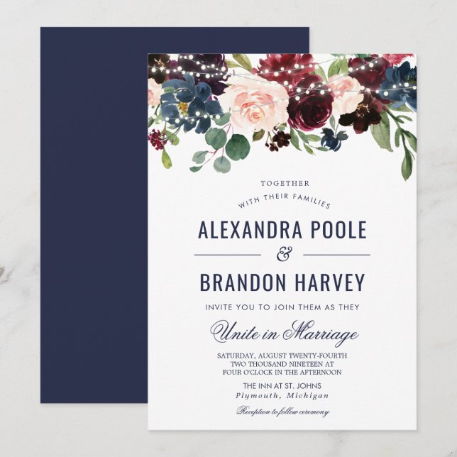 Navy Rose Burgundy Floral String Lights Wedding Invitation (Front/Back)
