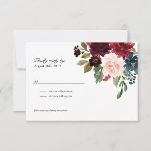 Navy Rose Burgundy Floral Wedding RSVP Card