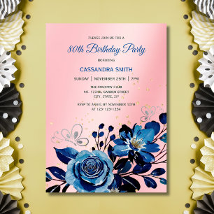 Navy Rose Butterfly Gold Glitter Pink Birthday  Invitation