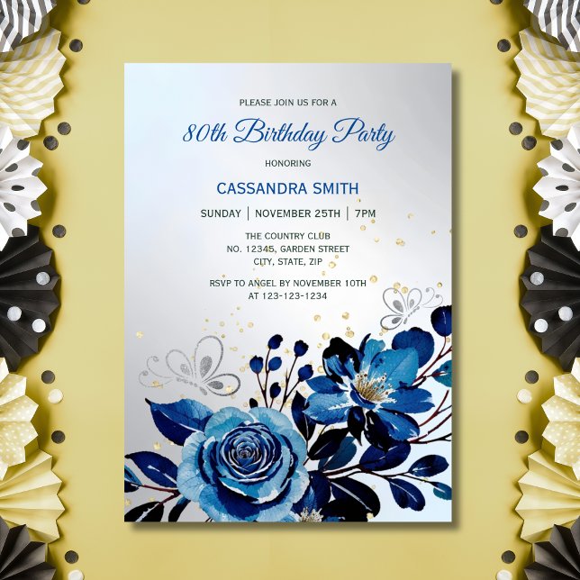 Navy Rose Butterfly Gold Glitter Silver Birthday  Invitation (Creator Uploaded)