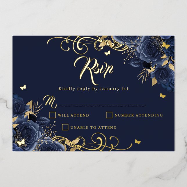 Navy Rose Floral Gold Swirl Gold Quinceanera  (Front)